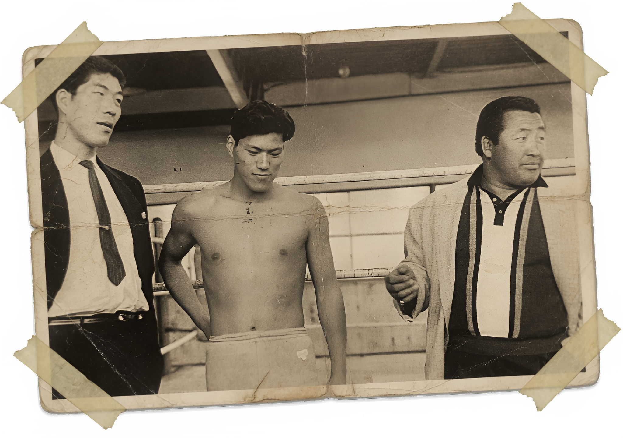 Antonio Inoki and Giant Baba with Rikidōzan in an archival photograph